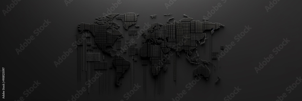 Poster black world map made of cubes falling apart on dark background