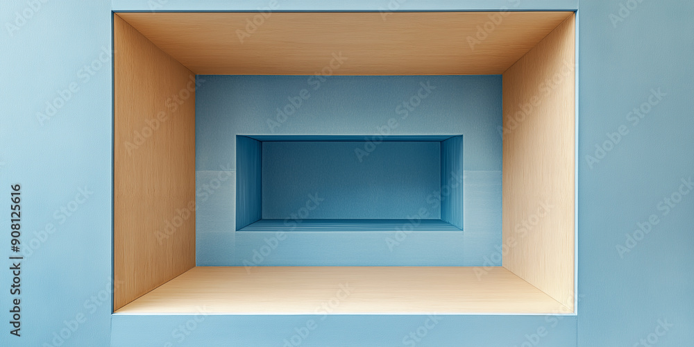 Aufkleber empty niche in blue and wood material with space for product placement