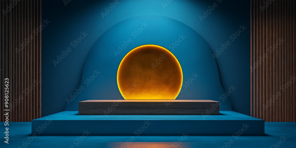 Poster empty wooden podium displaying product with glowing circle on blue background
