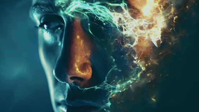 A close-up of a person's face with a futuristic, digital skull overlay. The glowing effects and dark background create a sci-fi atmosphere. The subject's complexion is light, and only part of the