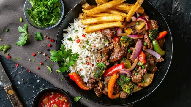 Lomo saltado Peruvian beef dish with vegetables fries and rice in black pan top view