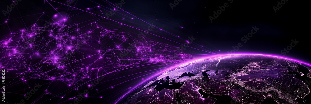 Poster Abstract image of global networking and worldwide data connections flowing around planet earth