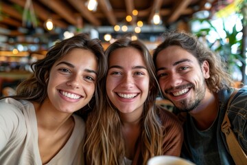 Fototapeta premium Three happy friends taking a selfie and having fun on a coffee break, Generative AI