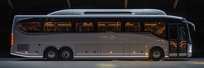 Modern coach bus parked inside building at night