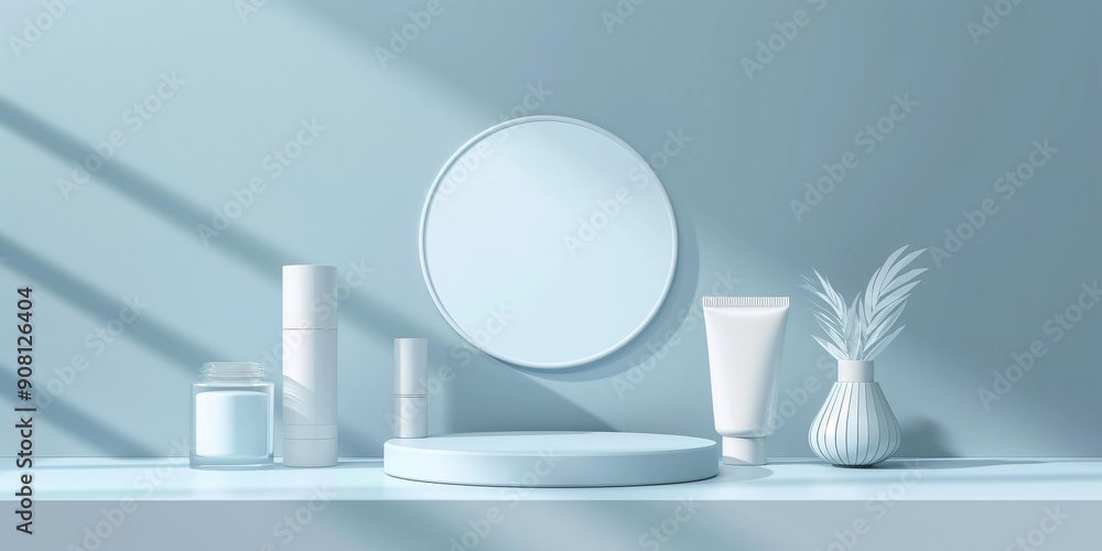 Poster minimalist blue podium displaying cosmetics with palm leaf and circle frame mockup