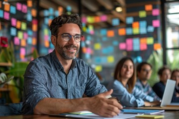 Business man leading a team meeting in an office, Generative AI
