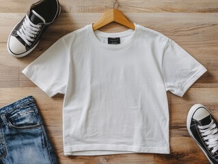 Neatly laid out flat lay composition with a white t-shirt, blue jeans, and black sneakers on a wooden background