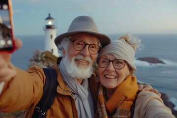 Morden Retirement: Elderly couple taking a selfie at the seaside with a lighthouse in the background, Generative AI