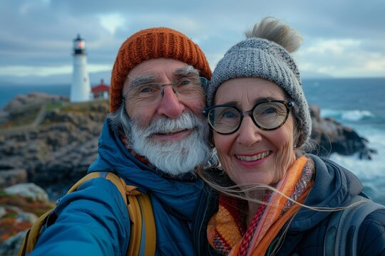 Morden Retirement: Elderly couple taking a selfie at the seaside with a lighthouse in the background, Generative AI - Powered by Adobe