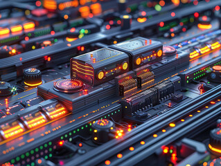 Close-up electronic circuit board. technology style concept. Contemporary Super Computer Processor. Industrial Robotic Manipulator End Effector Holding CPU Chip