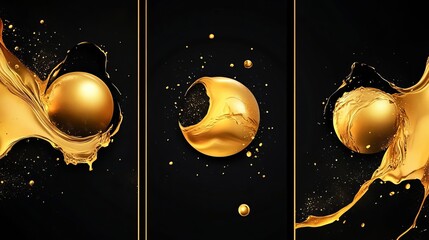 Elegant Minimalism Three Fluid Drawings of Golden Melting Globes on a Luxurious Black Canvas