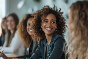 Obraz premium Group of happy business women having a meeting in a boardroom, Generative AI