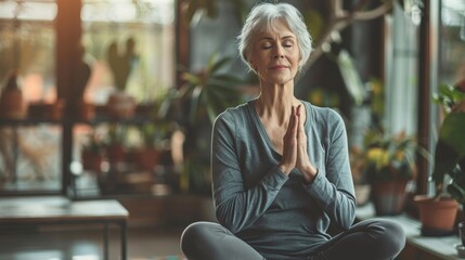 Practicing yoga in retirement: Healthy senior woman meditating in lotus position at home, Generative AI