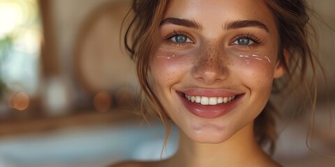 Healthy woman smiling after skin care at home, Generative AI