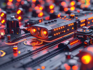 Close-up electronic circuit board. technology style concept. Contemporary Super Computer Processor. Industrial Robotic Manipulator End Effector Holding CPU Chip