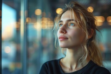 Young businesswoman looking away thoughtfully in a modern office, Generative AI