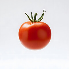 A single, ripe tomato isolated on a white background, captured with full depth of field.