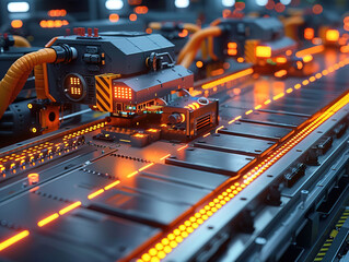 Close-up electronic circuit board. technology style concept. Contemporary Super Computer Processor. Industrial Robotic Manipulator End Effector Holding CPU Chip