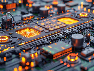 Close-up electronic circuit board. technology style concept. Contemporary Super Computer Processor. Industrial Robotic Manipulator End Effector Holding CPU Chip