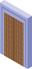 Isometric icon of a wooden double door with metal rivets for interior design projects