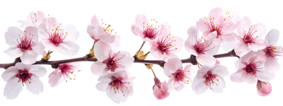 A row of pink flowers with white centers. The flowers are arranged in a line, with some of them overlapping each other. Scene is serene and peaceful, as the flowers are delicate and beautiful