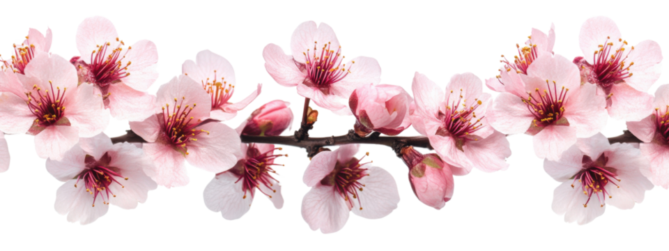 A row of pink flowers with white centers. The flowers are arranged in a line, with some of them overlapping each other. Scene is serene and peaceful, as the flowers are delicate and beautiful