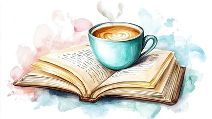 A coffee cup and open book clipart, relaxing cafe setting, watercolor aesthetic, pastel shades, isolated on white background