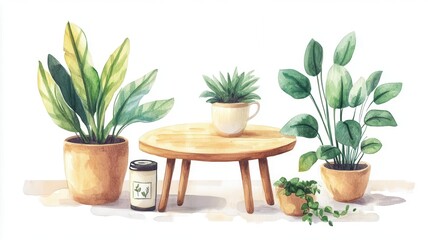 A cozy coffee nook clipart, small table with plants, watercolor effect, calm atmosphere, isolated on white background