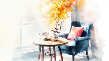 A cozy corner in cafe clipart, armchair and table, watercolor painting, soft lighting, isolated on white background