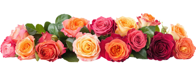 A bouquet of flowers with a white background. The flowers are of different colors and sizes, and they are arranged in a row. Scene is cheerful and vibrant