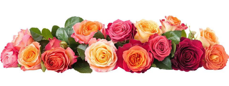 A bouquet of flowers with a white background. The flowers are of different colors and sizes, and they are arranged in a row. Scene is cheerful and vibrant