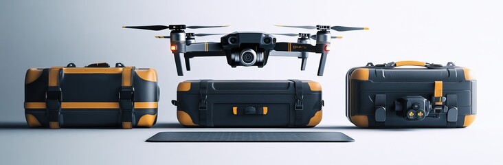 Essential Drone Accessories Displayed - Landing Pad, Carrying Case, Spare Propeller Set | Light Studio White Background