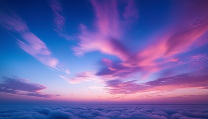 An abstract representation of the sky using gradients of blues, purples, and pinks to evoke a sense of calm and wonder