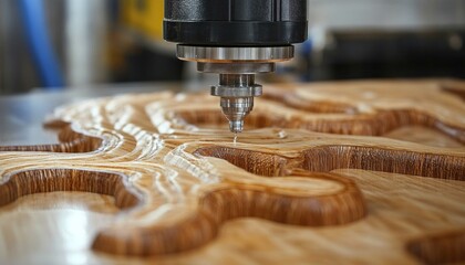 A specialized machine is skillfully cutting a piece of wood into a precise shape