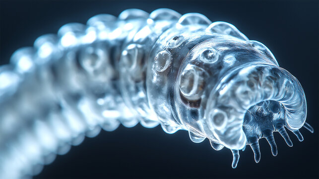 Close-up Macro Shot of Caenorhabditis elegans Nematode Worm with Detailed Body Segments
