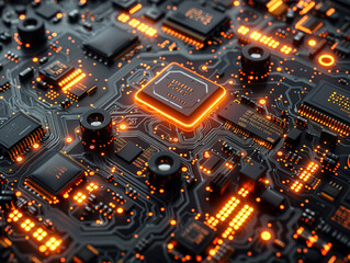 Fototapeta premium Close-up electronic circuit board. technology style concept. Contemporary Super Computer Processor. Industrial Robotic Manipulator End Effector Holding CPU Chip