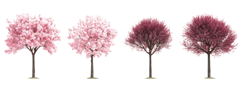Four trees with pink blossoms are shown in a row. The trees are of different sizes and are arranged in a way that they appear to be growing in a line. Concept of growth and progression