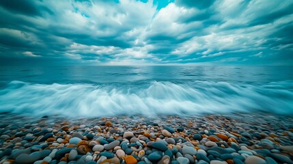 A rocky beach with waves crashing on the rocks under a cloudy sky