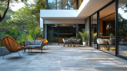 A telephoto angle photo of large format porcelain paving slabs with a sleek, modern finish, arranged to form a stylish and contemporary patio, with copy space