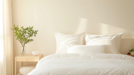Cozy minimalist bedroom with white bed linens and greenery in soft natural light