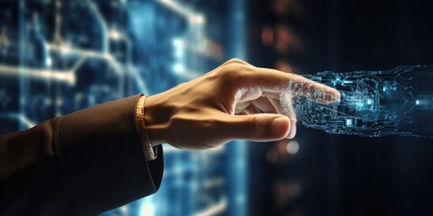 Machine learning, Hand of robotics use computer on big data network connection, Data exchange, deep learning, Science and artificial intelligence technology, innovation of futuristic