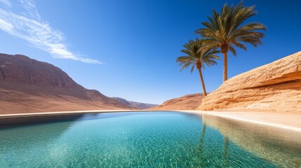 A serene desert oasis with palm trees, a clear pool of water, and a bright blue sky, ultra HD,