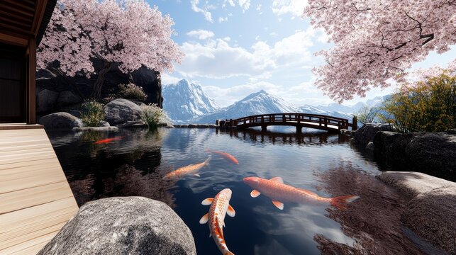 A tranquil pond in a Japanese garden with koi fish, a wooden bridge, and cherry blossoms in full bloom, ultra HD,