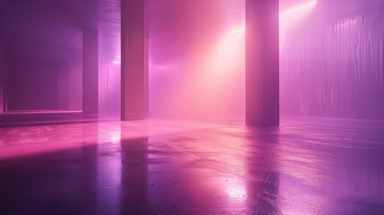 Futuristic underground space with neon pink and purple lighting reflected on wet floor