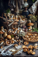 Fototapeta premium Rustic still life of a variety of wild mushrooms spread out on a wooden table, with a basket, a knife, and forest-themed decor in the background.