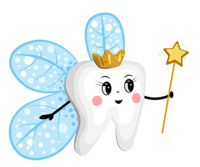 Cute tooth fairy with magic wand on white background