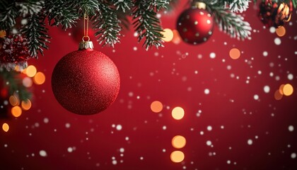 Colorful Christmas decorations hang from a festive tree on a bright red background