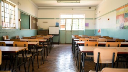 An empty classroom featuring rows of neatly arranged desks and chairs, symbolizing the educational environment in South Africa, with a focus on academic infrastructure and learning spaces