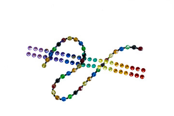 Social network concept shows string of beads and rows of colorful gems. All reflect light with many facets and connect in different ways.