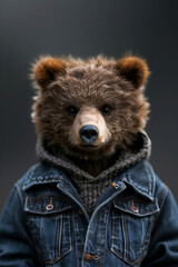 Teddy bear in denim jacket on dark background, animal concept in photo